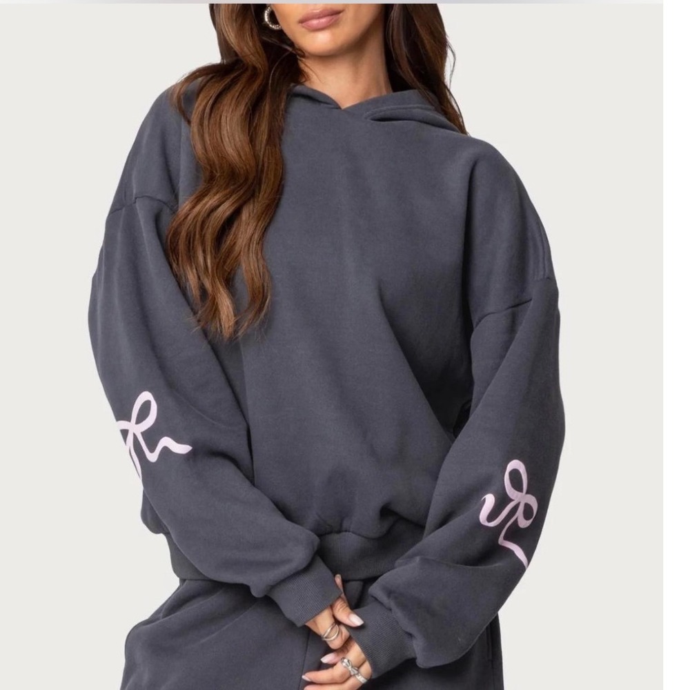 Edikted Oversized Bow Sleeve Hoodie Charcoal Grey Pink Graphic Sweatshirt XS